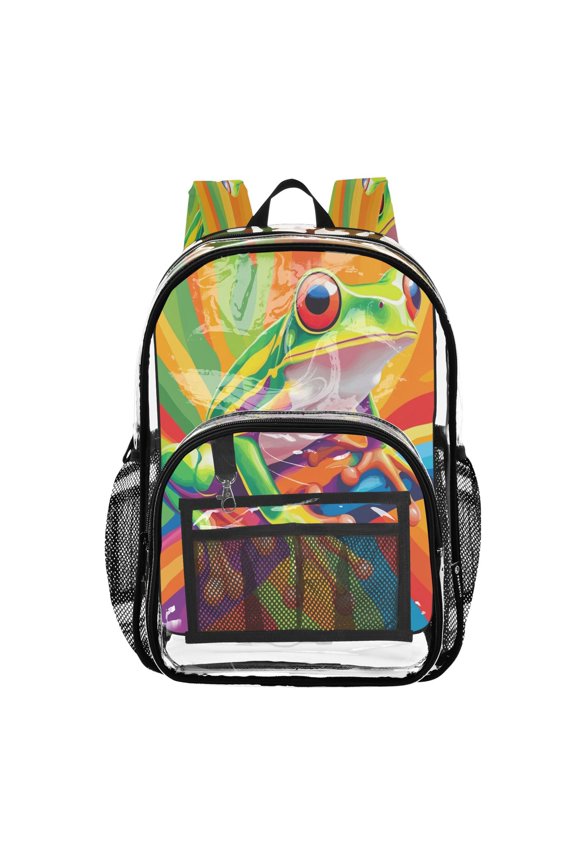 Clear PVC Backpack Large Capacity Multi-Pocket Printed Shoulder Bag Lightweight Daypack for School Travel Outdoor Cartoon Green Frog