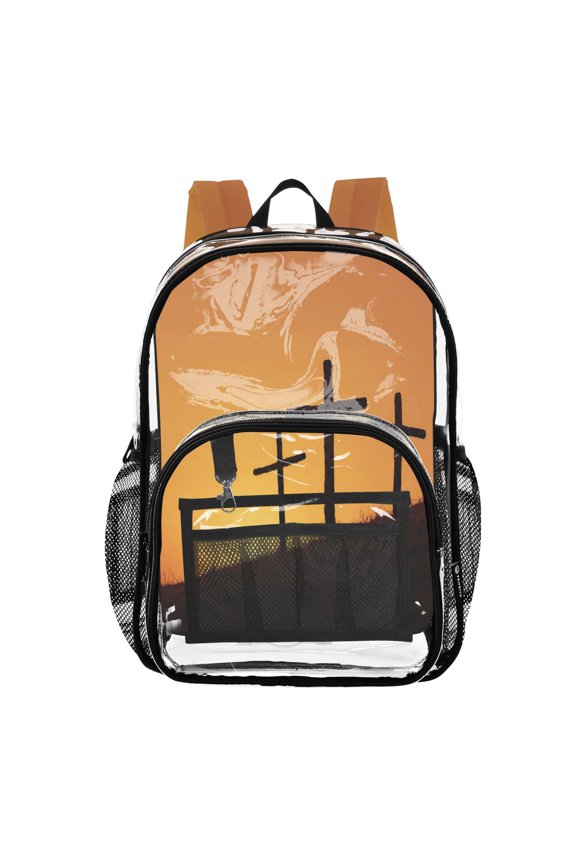 Clear PVC Backpack Large Capacity Multi-Pocket Printed Shoulder Bag Lightweight Daypack for School Travel Outdoor Crosses on Hill