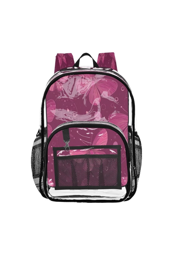 Clear PVC Backpack Large Capacity Multi-Pocket Printed Shoulder Bag Lightweight Daypack for School Travel Outdoor Dark Pink Butterfly Wings