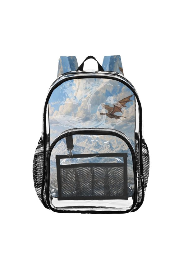 Clear PVC Backpack Large Capacity Multi-Pocket Printed Shoulder Bag Lightweight Daypack for School Travel Outdoor Dragon Flying Medieval Town