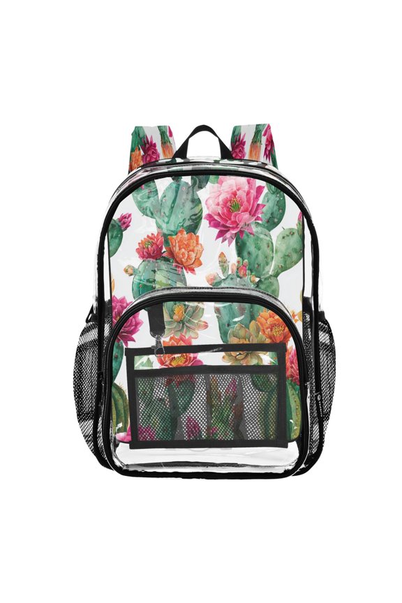 Clear PVC Backpack Large Capacity Multi-Pocket Printed Shoulder Bag Lightweight Daypack for School Travel Outdoor Green Cactus Pattern