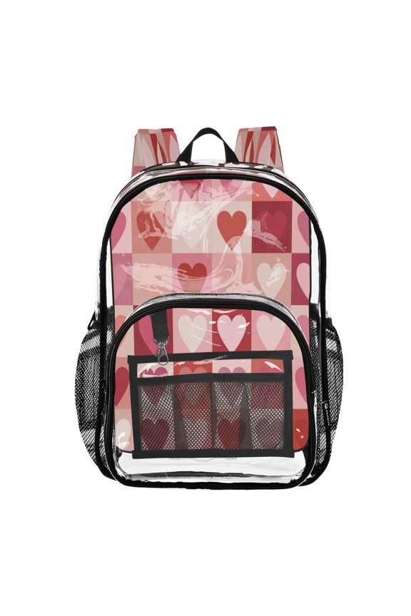 Clear PVC Backpack Large Capacity Multi-Pocket Printed Shoulder Bag Lightweight Daypack for School Travel Outdoor Hearts Pattern Pink Red Shades