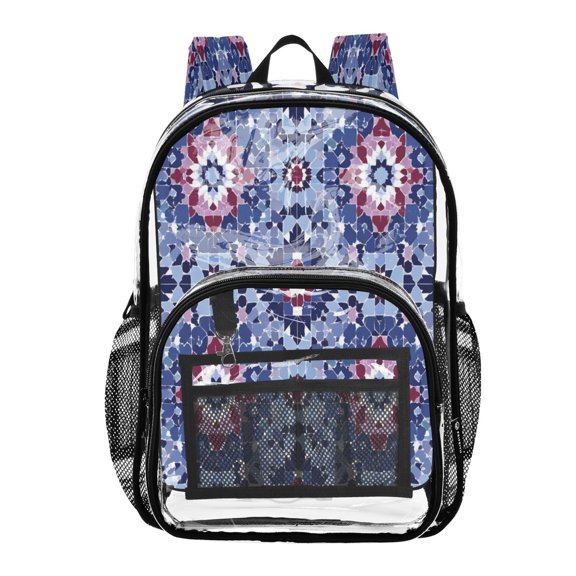 Clear PVC Backpack Large Capacity Multi-Pocket Printed Shoulder Bag Lightweight Daypack for School Travel Outdoor Indigo Tile Ruby Accents