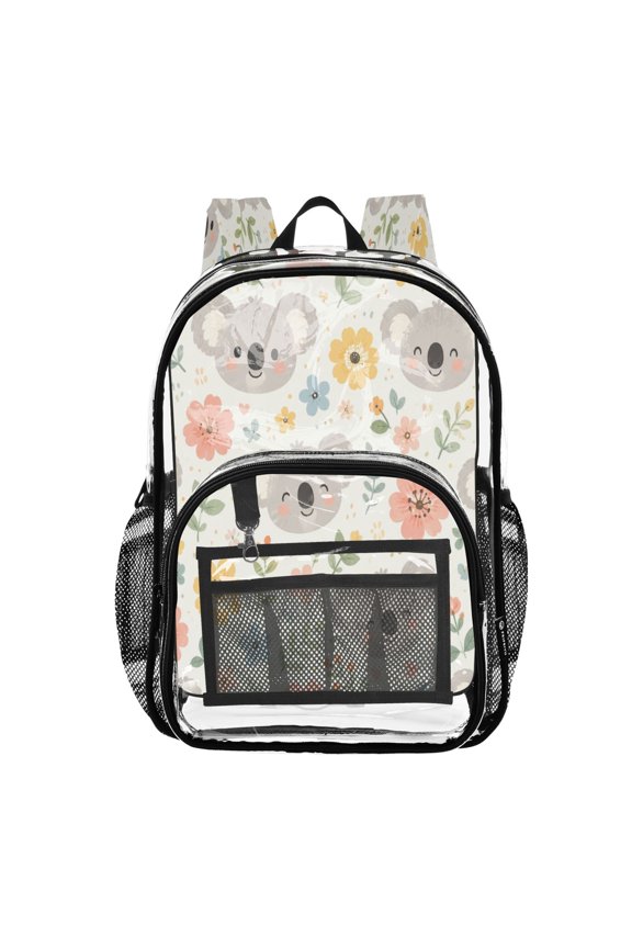 Clear PVC Backpack Large Capacity Multi-Pocket Printed Shoulder Bag Lightweight Daypack for School Travel Outdoor Koala Grey Floral