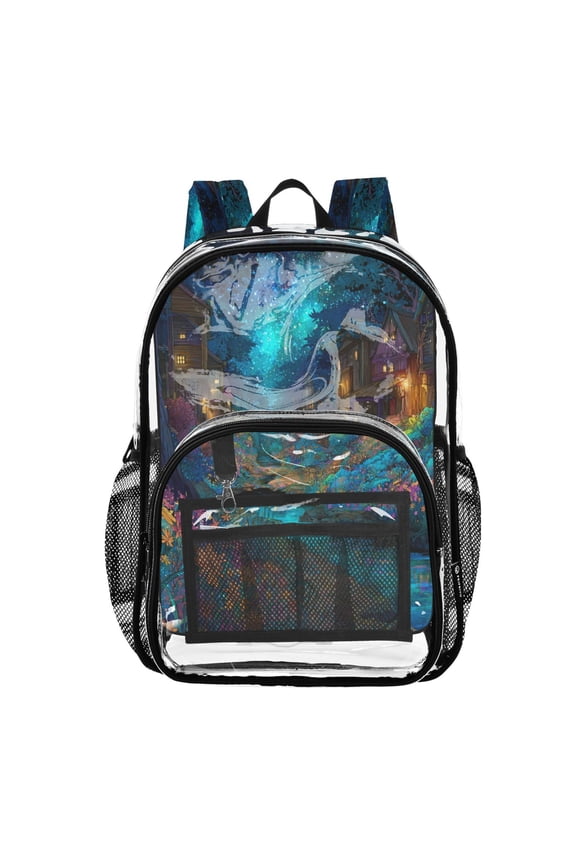 Clear PVC Backpack Large Capacity Multi-Pocket Printed Shoulder Bag Lightweight Daypack for School Travel Outdoor Neon Glow Forest Path