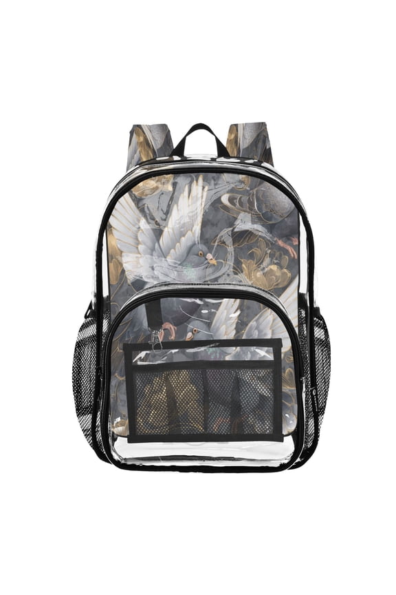 Clear PVC Backpack Large Capacity Multi-Pocket Printed Shoulder Bag Lightweight Daypack for School Travel Outdoor Pigeon Illustration Art