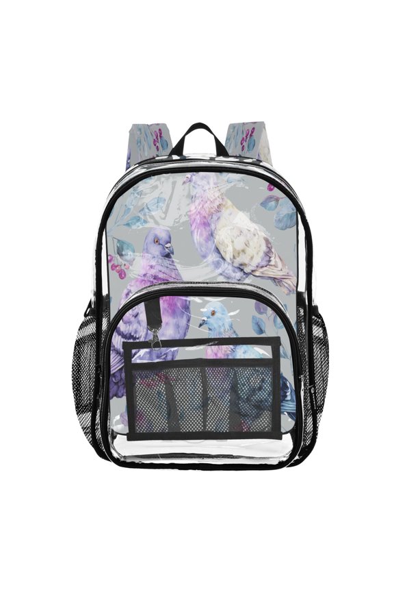Clear PVC Backpack Large Capacity Multi-Pocket Printed Shoulder Bag Lightweight Daypack for School Travel Outdoor Pigeon