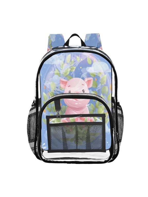 Clear PVC Backpack Large Capacity Multi-Pocket Printed Shoulder Bag Lightweight Daypack for School Travel Outdoor Piglet Inside Bubble
