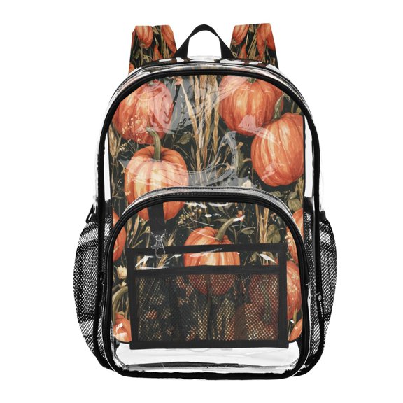 Clear PVC Backpack Large Capacity Multi-Pocket Printed Shoulder Bag Lightweight Daypack for School Travel Outdoor Pumpkin Harvest Fall