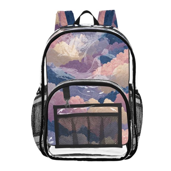 Clear PVC Backpack Large Capacity Multi-Pocket Printed Shoulder Bag Lightweight Daypack for School Travel Outdoor Purple Cloud Cartoon