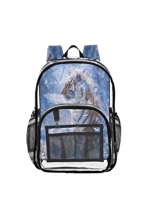Clear PVC Backpack Large Capacity Multi-Pocket Printed Shoulder Bag Lightweight Daypack for School Travel Outdoor Snow Tiger Winter