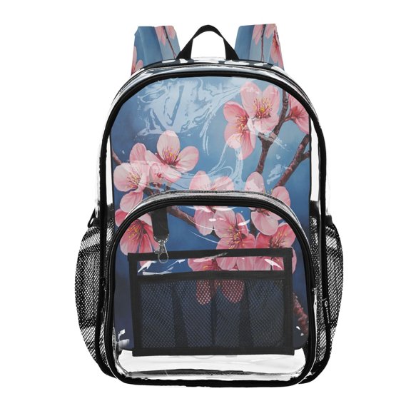 Clear PVC Backpack Large Capacity Multi-Pocket Printed Shoulder Bag Lightweight Daypack for School Travel Outdoor Super Cute Cherry Blossom