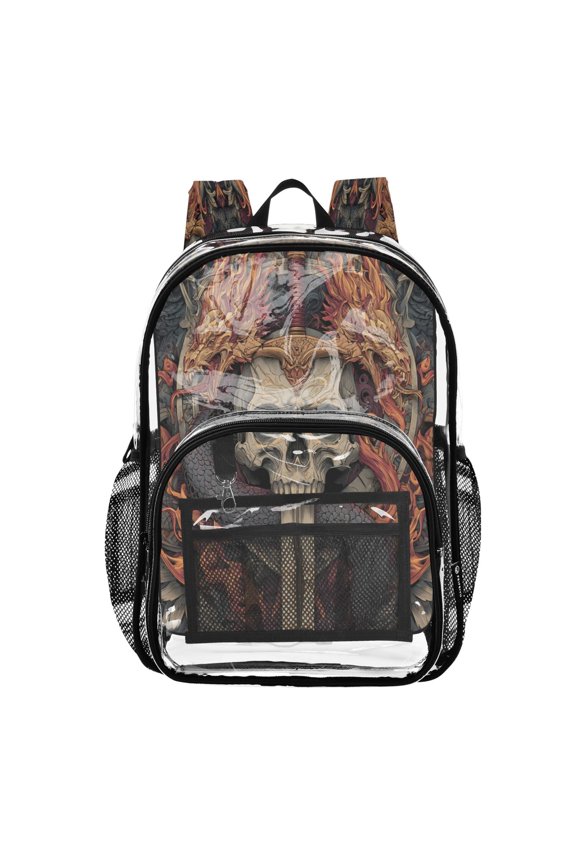Clear PVC Backpack Large Capacity Multi-Pocket Printed Shoulder Bag Lightweight Daypack for School Travel Outdoor Sword Skeleton