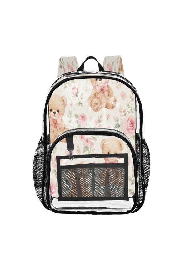 Clear PVC Backpack Large Capacity Multi-Pocket Printed Shoulder Bag Lightweight Daypack for School Travel Outdoor Teddy Bear Floral