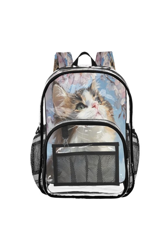 Clear PVC Backpack Large Capacity Multi-Pocket Printed Shoulder Bag Lightweight Daypack for School Travel Outdoor Upside-down Cat