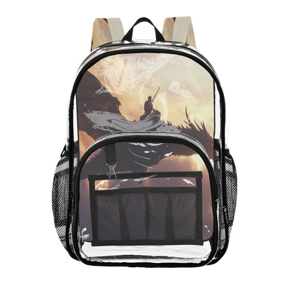 Clear PVC Backpack Large Capacity Multi-Pocket Printed Shoulder Bag Lightweight Daypack for School Travel Outdoor Warrior Dragon