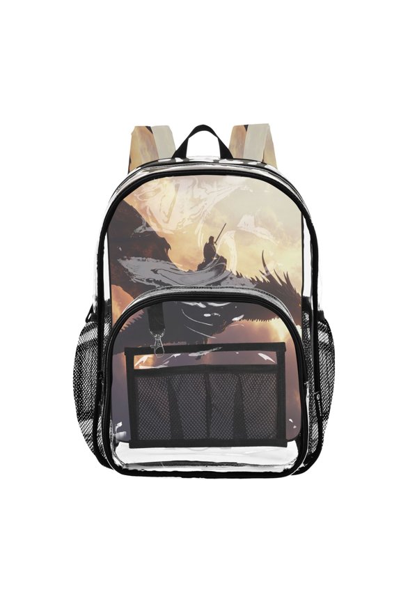 Clear PVC Backpack Large Capacity Multi-Pocket Printed Shoulder Bag Lightweight Daypack for School Travel Outdoor Warrior Dragon