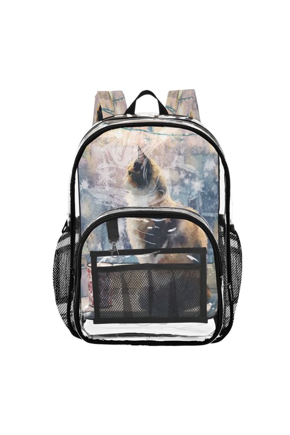 Clear PVC Backpack Large Capacity Multi-Pocket Printed Shoulder Bag Lightweight Daypack for School Travel Outdoor Winter Cat