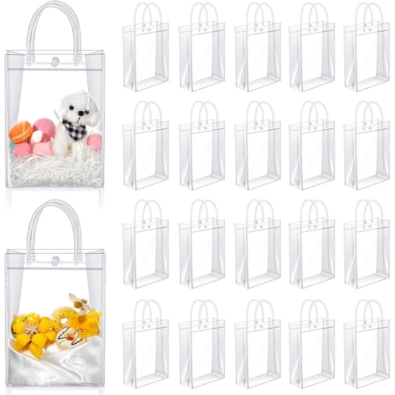 Clear PVC  Bags with Handles  Plastic Wrap Tote Transparent Shopping Bags for Christmas Party Favors Weddings Merchandise Retail Small Business, 9 x 6.7 x 2.6 Inches(100 Pieces)