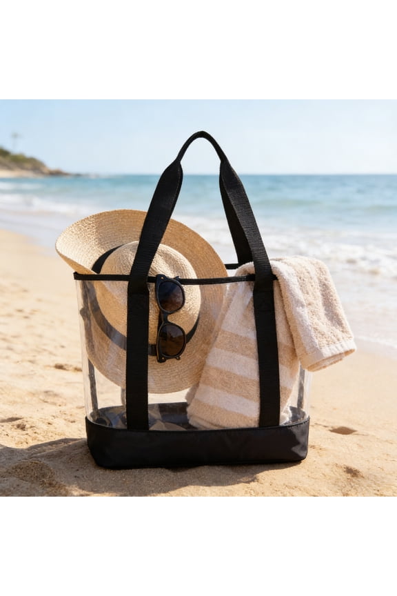 Clear PVC Beach Bag Transparent Waterproof Tote with Adjustable Strap, Large Capacity Travel Shoulder Purse for Poolside Vacation, Small Size