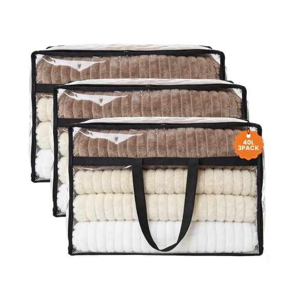 Clear PVC Comforter Storage Bags 3-Pack, 40L Waterproof Dustproof Organizer, Black