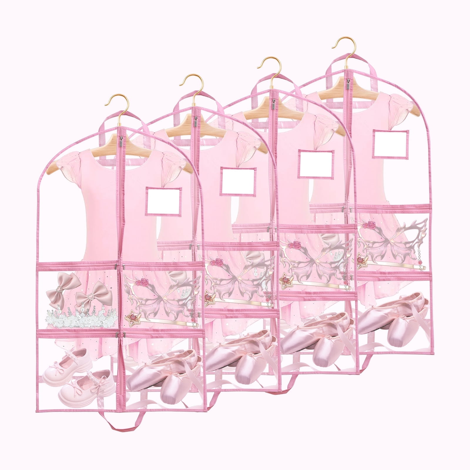Furnhome Clear PVC Dance Costume Bags (4 Pack) Garment Bag 40 Inch for Dance Competitions, with 4 Medium Clear Zipper Pockets and 1 Large Back Zippered Pocket