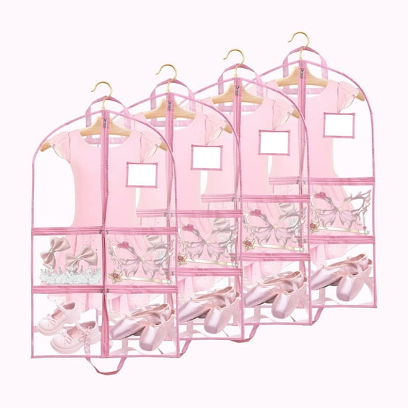 Furnhome Clear PVC Dance Costume Bags (4 Pack) Garment Bag 40 Inch for Dance Competitions, with 4 Medium Clear Zipper Pockets and 1 Large Back Zippered Pocket