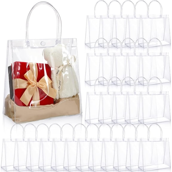 Clear PVC Gift Bags with Handles, Count Small Transparent Reusable Tote Bags for Wedding & Shopping(RL 7.9 x 7.9 x 3.2 Inch 28 PCS)
