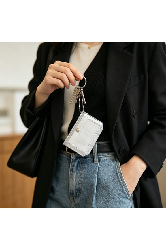 Clear PVC M5 Binder Card Holder with Bead Chain & Snap Button, Mini Transparent Card Pouch, Portable Keychain Wallet for ID Card, Credit Card, Small Cards & Tiny Accessories Storage Clear