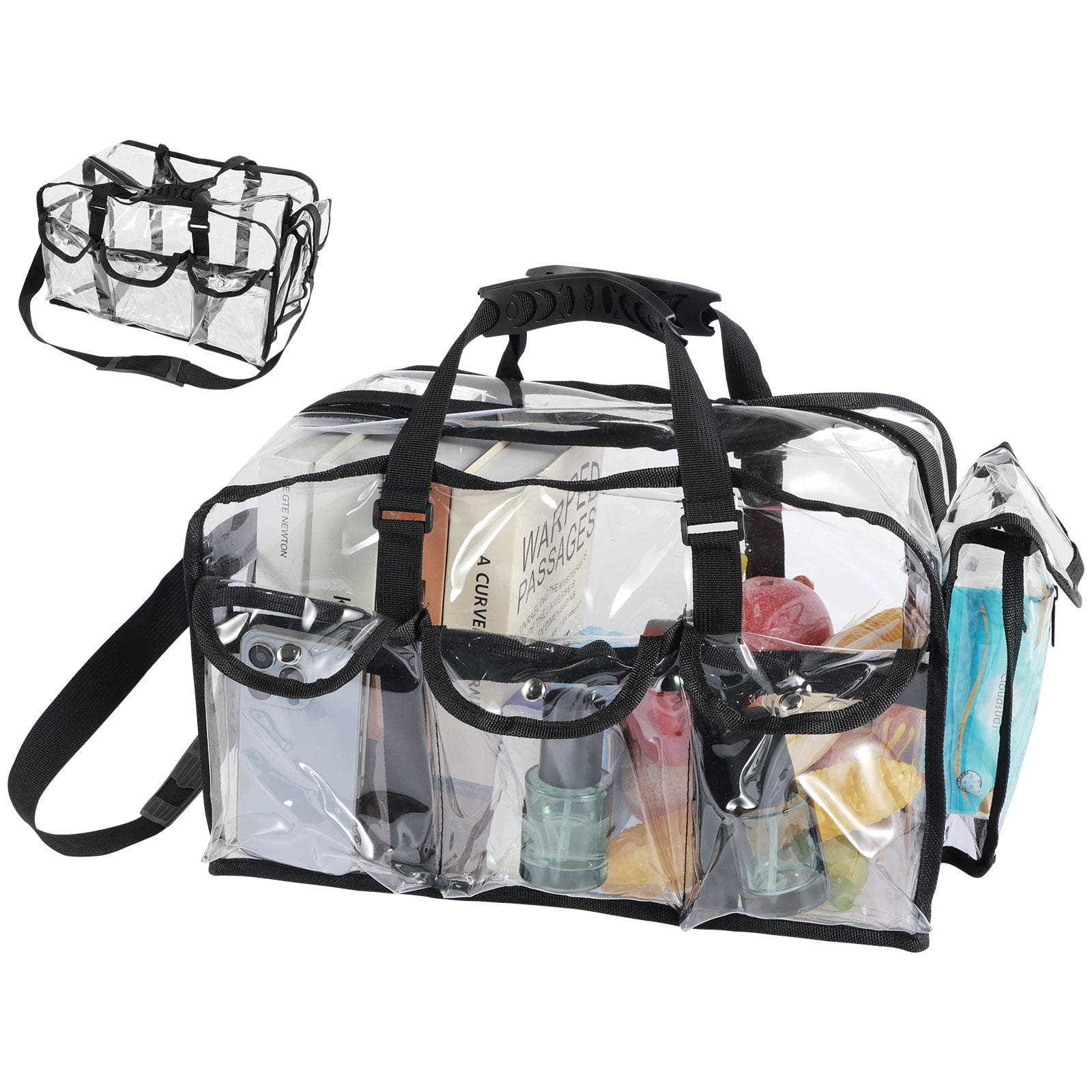 Clear PVC Makeup Bag with 4 External Pockets Wide Open Clear Makeup Organizer Bag Zippered Clear Cosmetics Bag Large Clear Makeup Tote Bag Toiletry Bags with Shoulder Strap for Women Makeup Artists