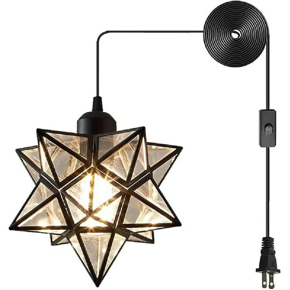 Clear PVC Star Ceiling Hanging Droplight Retro Style Black Metal Pendant Lamp Industrial Plug in Light to for Dining Room Living Bedroom