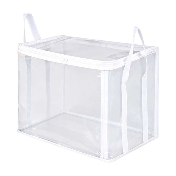 Clear PVC Storage Bag Heavy Duty Moving Bin Foldable Closet Organizer Thick Transparent Clothes Container with Zipper Handles White Medium