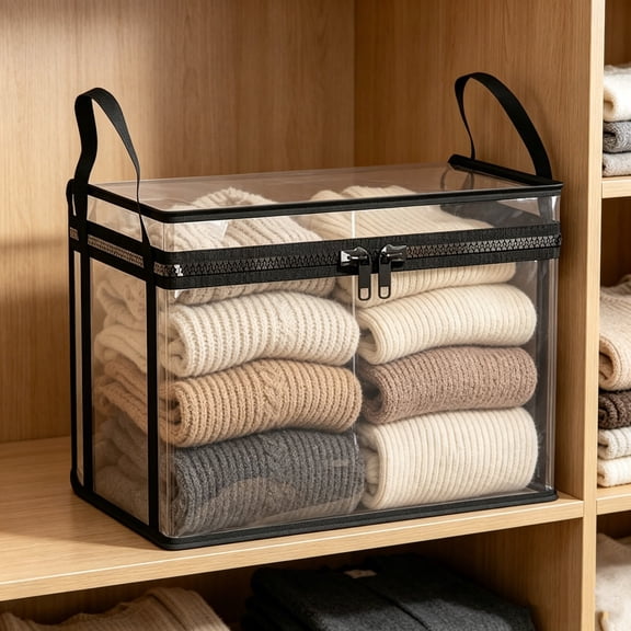 Clear PVC Storage Bag with Zipper – Waterproof Collapsible Storage Bin with Handles, Transparent Clothes Storage Box for Closet, Books, DVDs, Toys, Under Bed