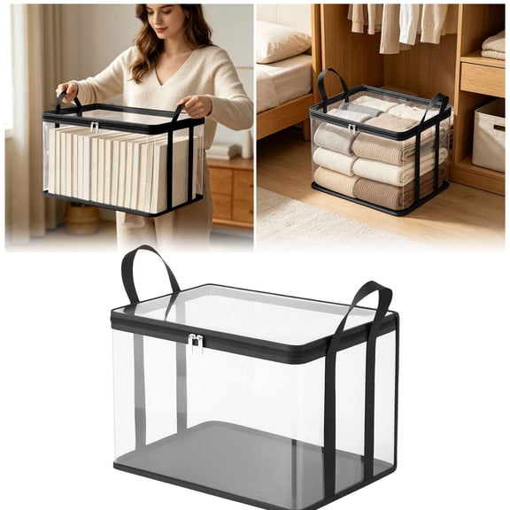 Clear PVC Storage Bin With Zipper Lid, Heavy-Duty Foldable Organizer With Handles, For Clothes, Toys & Moving(Black)-L