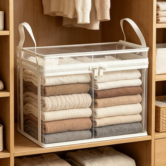 Clear PVC Storage Bins with Zipper, Foldable Waterproof Box for Clothes, Reinforced Handles, Space-Saving