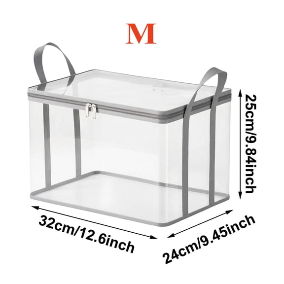 Clear Storage Box with Zipper Lid Handle for Bedding Seasonal Clothes Blankets Home, Gifts For Friends, Foldable Organizer Bag, 12.6"x9.45"x9.84" (M), Gray