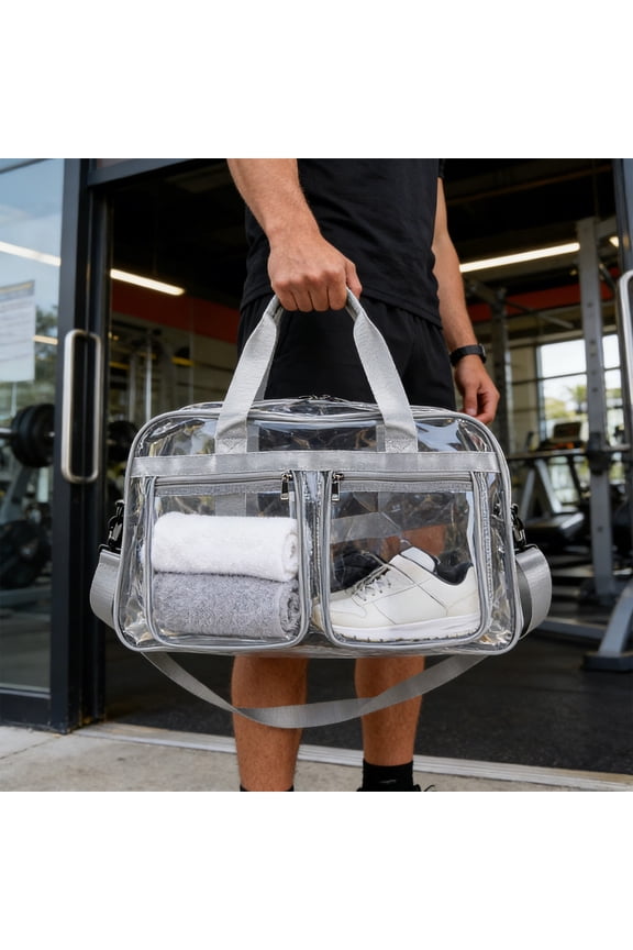 Clear PVC Travel Bag Large Capacity Transparent Duffel Front Pockets Adjustable Shoulder Strap for Stadiums Concerts Airports Gym Workouts Travel School Clear Bag Policy Clear Entry Security Ready
