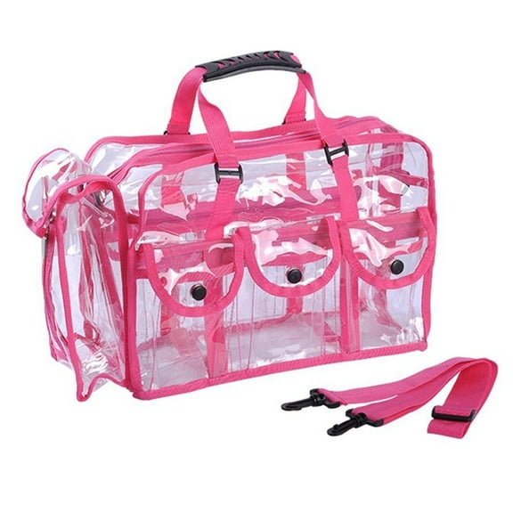 Clear PVC Travel Makeup Cosmetic Bag with 6 External Pockets and Shoulder Strap (Pink Trim)