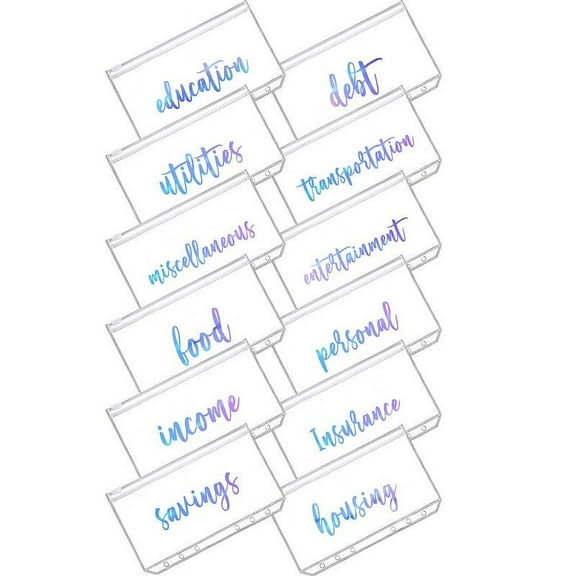 Clear PVC Zipper Cash Envelopes for Budgeting | 12-Pack Waterproof Document & Receipt Storage Bags | Student Monthly Planner Binder Pockets for Home Office School