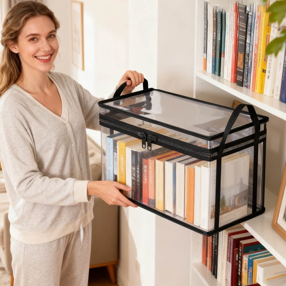 Clear PVC Zippered Storage Box, Extra Large Portable Organizer Bin, Transparent Home Storage Container with Handles, For Bedding Books Seasonal Items-15×10×14Inch(Black)