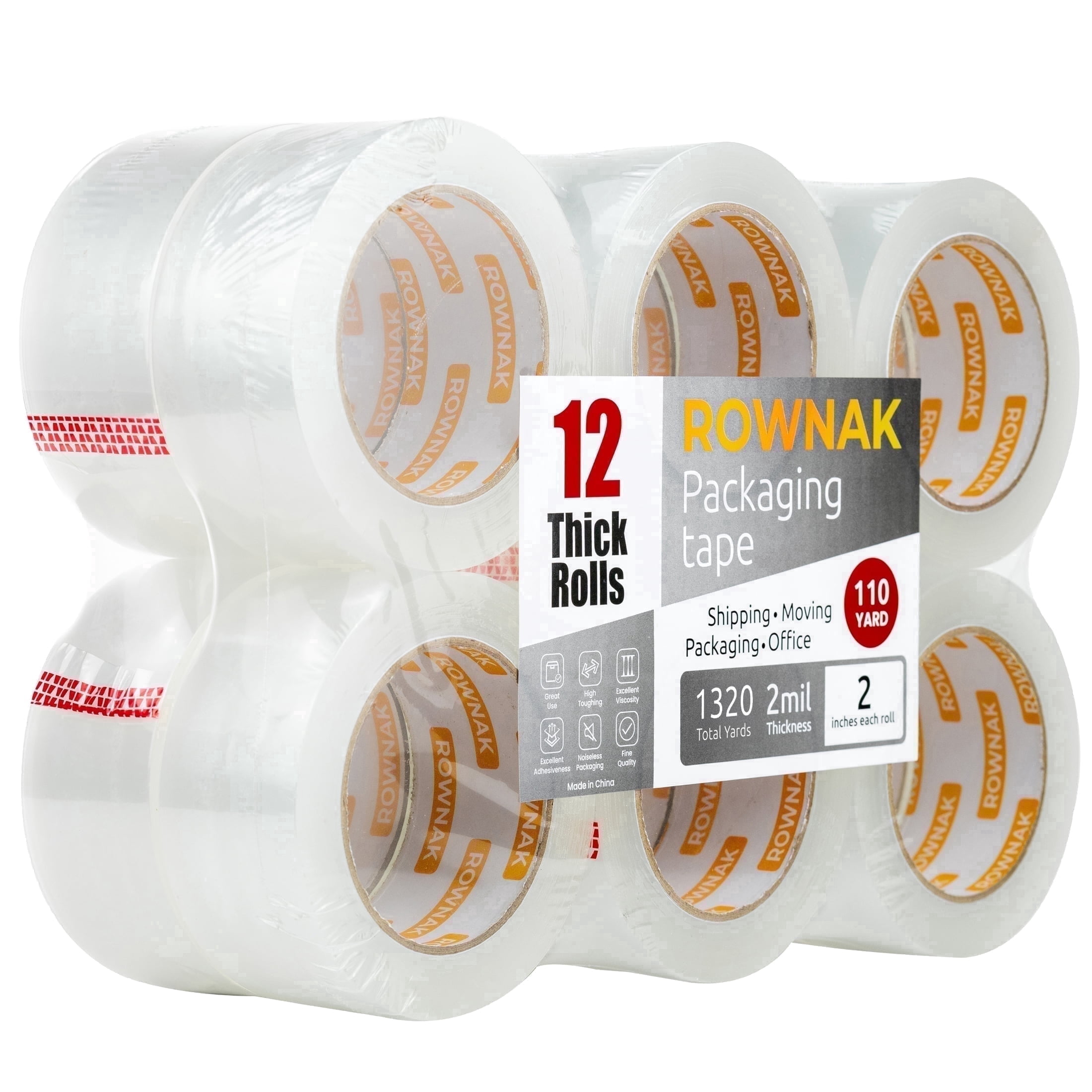 ROWNAK Clear Heavy Duty Packaging Tape- 12 Rolls, 2.0 in.Wide x 110 Yards, 2.0mil Thick