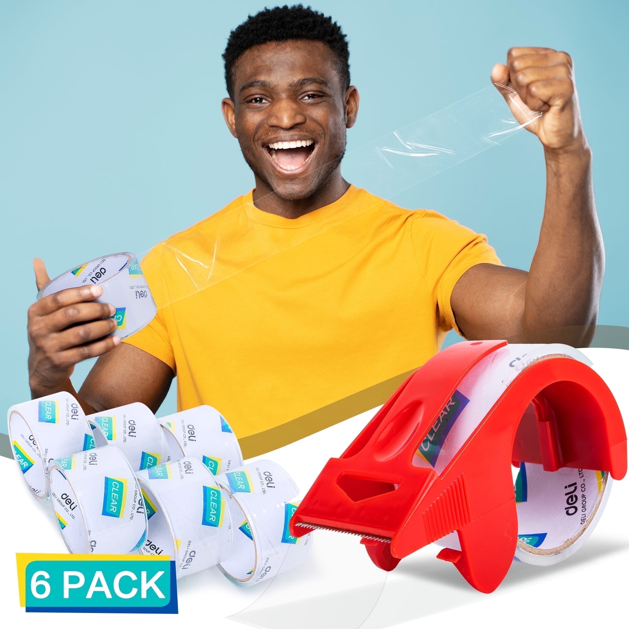 Deli Long Lasting Storage Packaging Tape with Dispenser,  1.88 in x22 yd, 6 Rolls Clear Acrylic Max Strength Shipping Tape