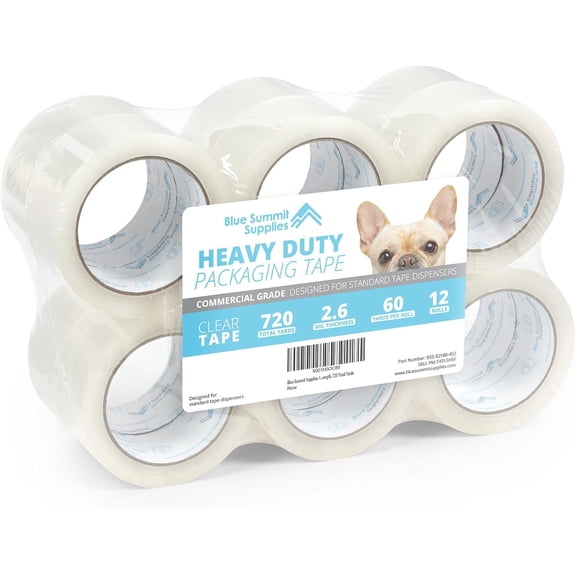 Clear Packing Tape Refills Bulk, 12 Pack, Heavy Duty Packaging Tape Rolls, 2 Inch Wide for Moving Boxes, Shipping, Sealing, 2.7mil Thick, 60 Yard Length, 720 Total Yards