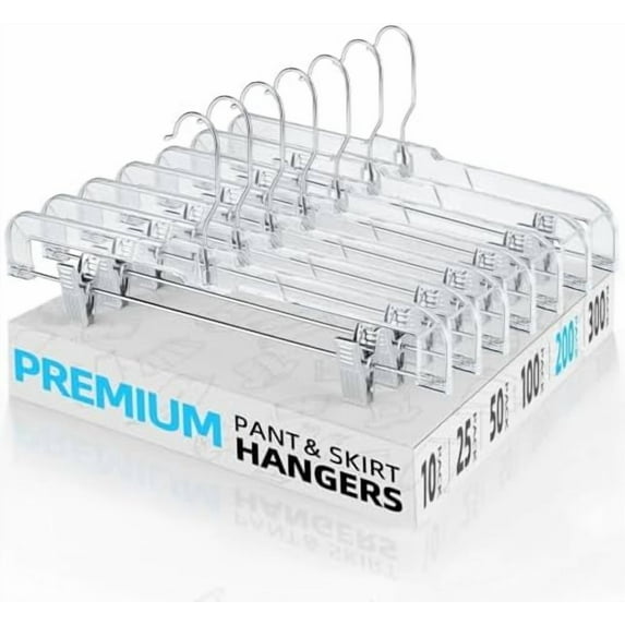 Clear Pants Hangers with Clips 200 Pack, Non-Slip Plastic Skirt Hanger with Adjustable Clips, Slim Clip Hangers for Pants, Skirts, Shorts, 14" Clear Hanger, 360-Rotating Swivel Hook
