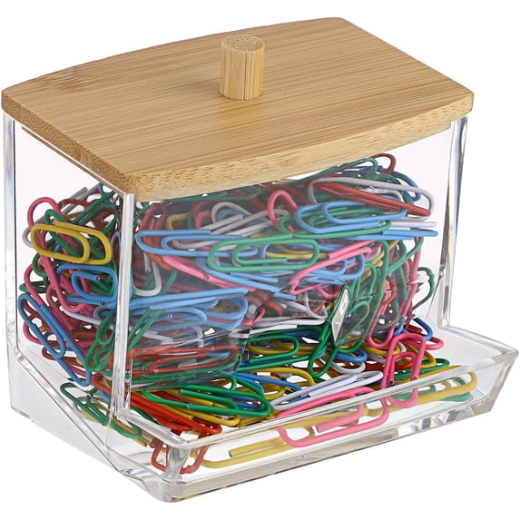 Clear Paper Clip Holder with Bamboo Lid Thick Acrylic Self-dispensing Office Supply Accessory Organizer Small Storage Cute Qtip for Bathroom Vanity (Clips Not Included)