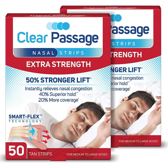 Clear Passage Nasal Strips Extra Strength, Tan, 100 Count | Works Instantly to Improve Sleep, Snoring, and Nasal Congestion