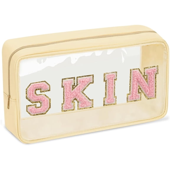 Clear Patch Makeup Bag  Pouch, Preppy Personalized Chenille Letter  Pouch for Travel, Nylon  Organizer  Care Zipper Toiletry Bags for Women Girls(Beige)