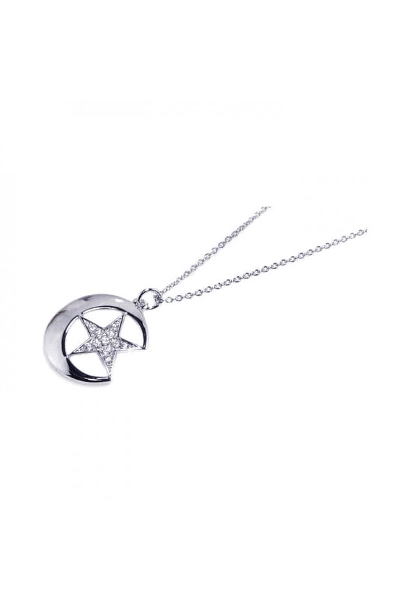 Clear Pave Set Clear Cubic Zirconia Crescent Moon Star Necklace Rhodium Plated Sterling Silver