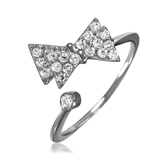 Clear Pave Set Cubic Zirconia Bow Ring Rhodium Plated Sterling Silver Size 8