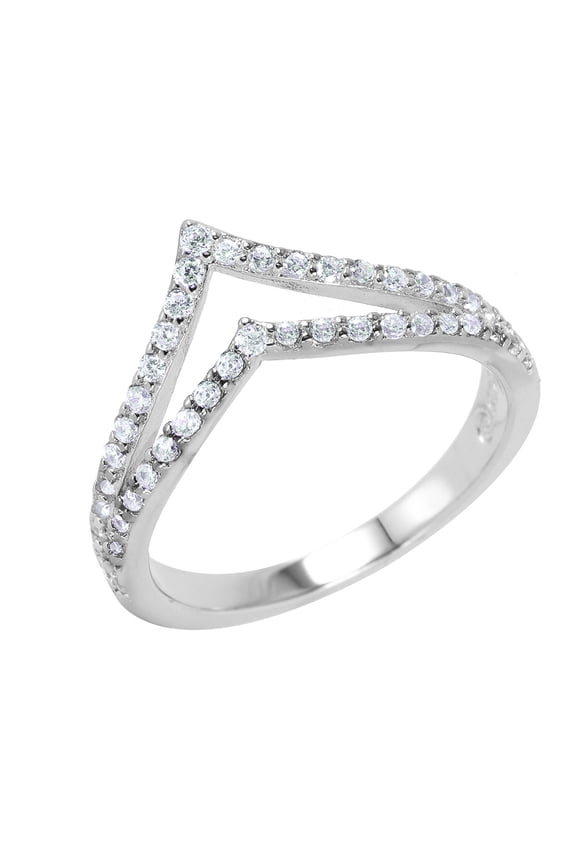 Clear Pave Set Cubic Zirconia Double Chevron Ring Rhodium Plated Sterling Silver Size 6